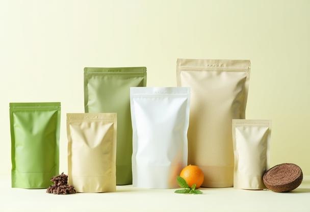 Collection of packaging designs for a series of organic food products, showing eco-friendly materials and design